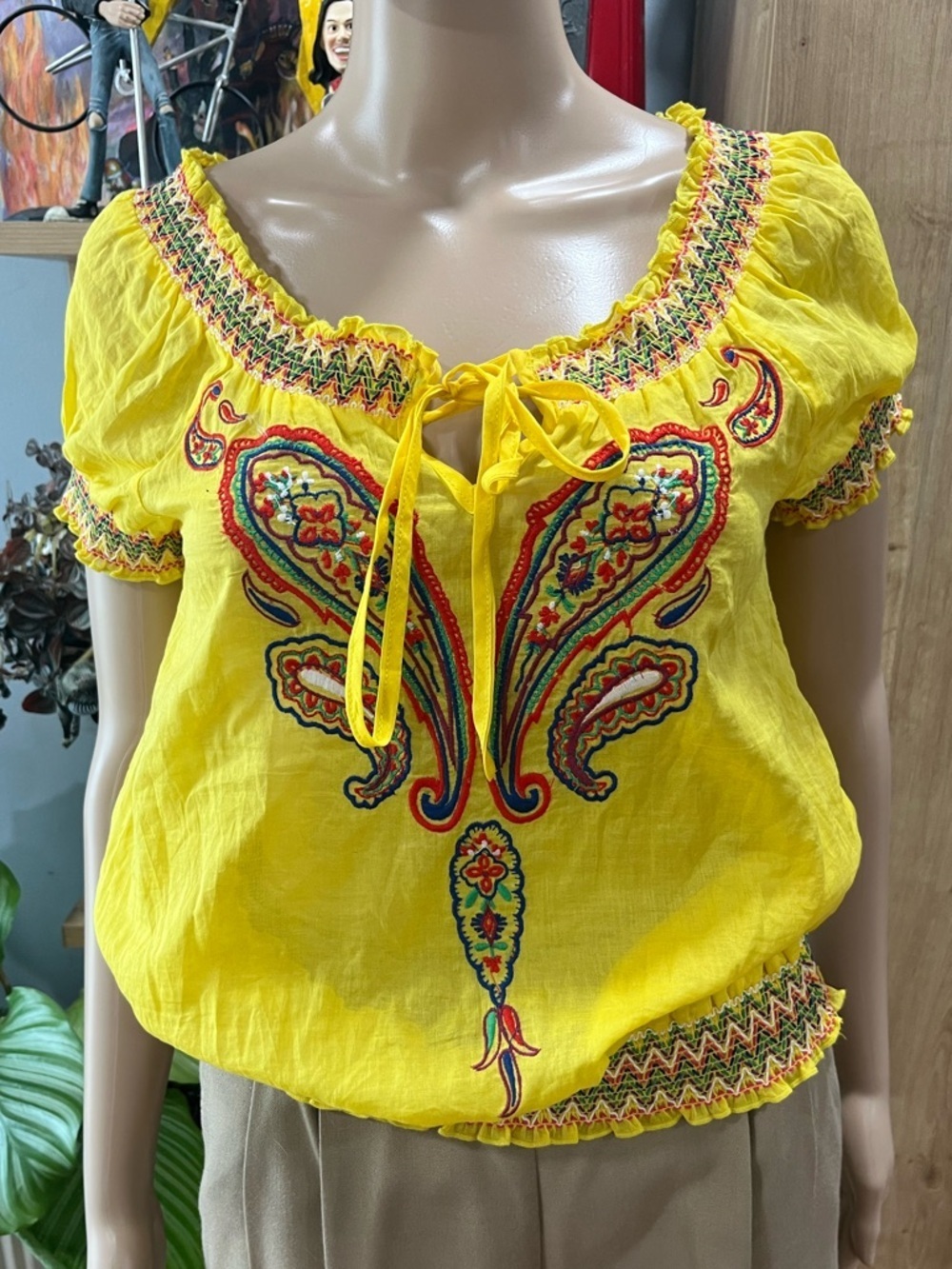 Abrand Yellow Embroidered Peasant Blouse with Tie Neck